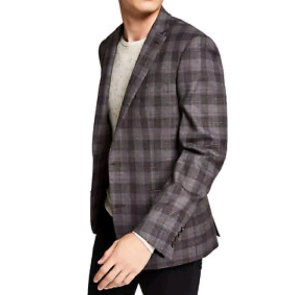 Banana Republic Tessuto Marzotto Italian Wool Gray Plaid Blazer Jacket Size 44L